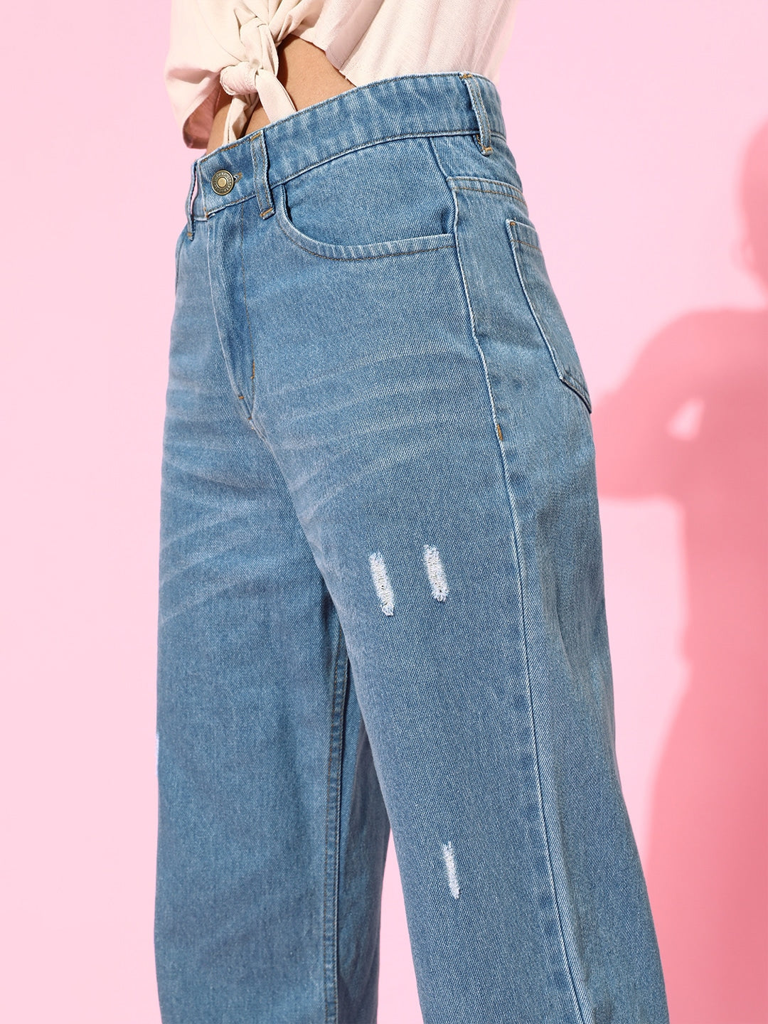 Women Blue Button-Hem Slouchy Jeans