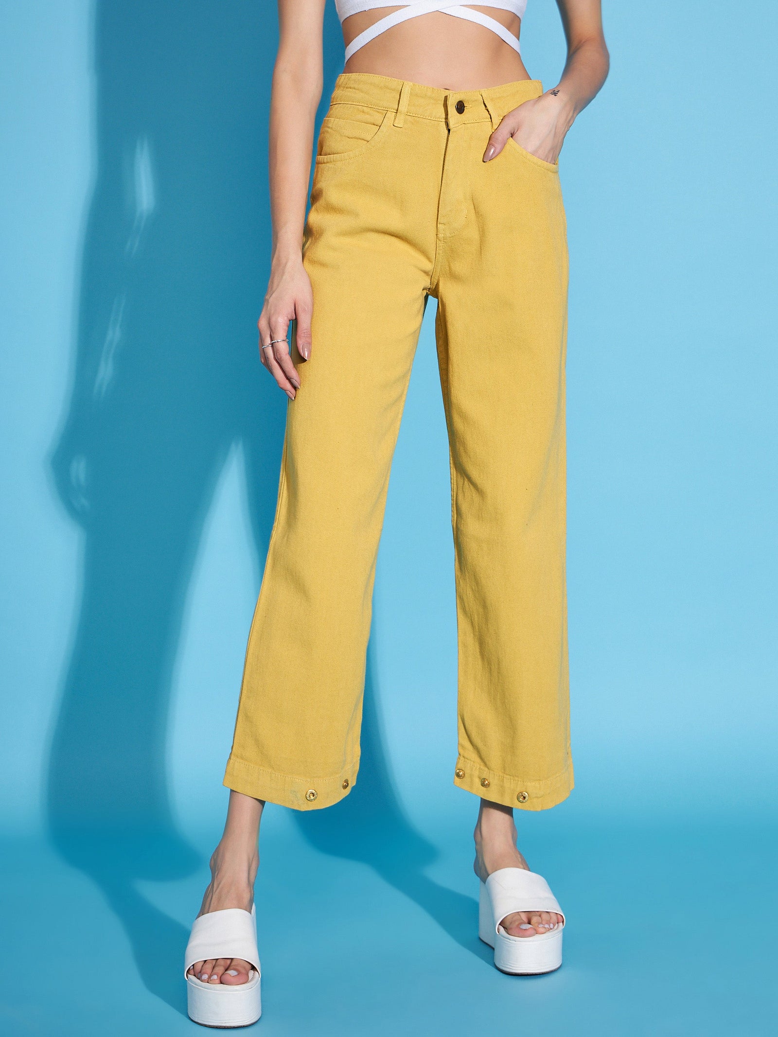 Mustard Button-Hem Slouchy Jeans