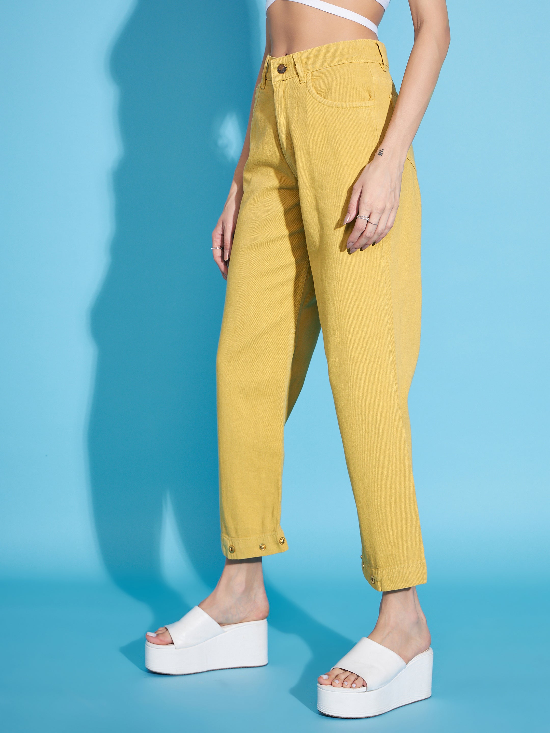 Mustard Button-Hem Slouchy Jeans