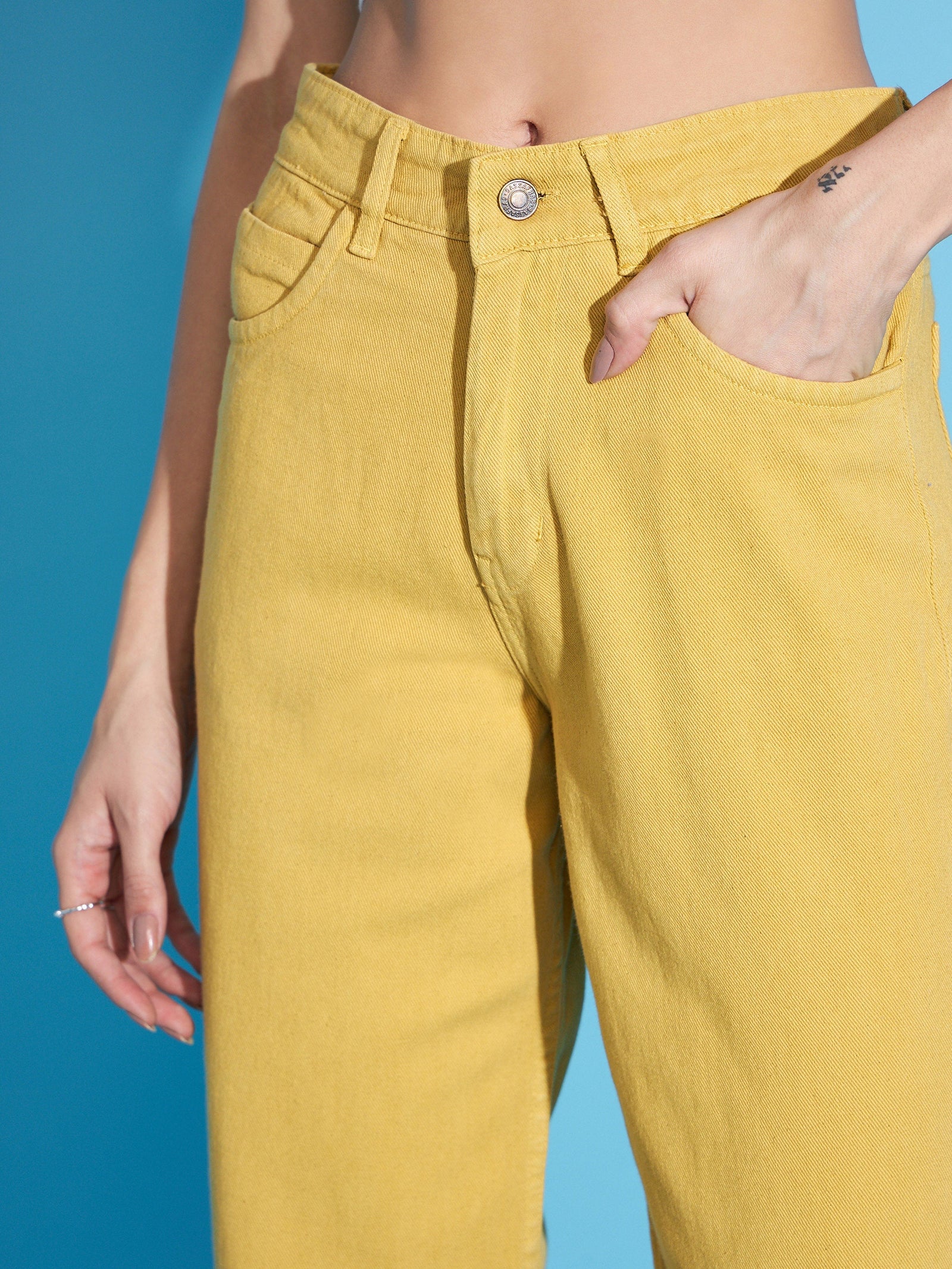 Mustard Button-Hem Slouchy Jeans