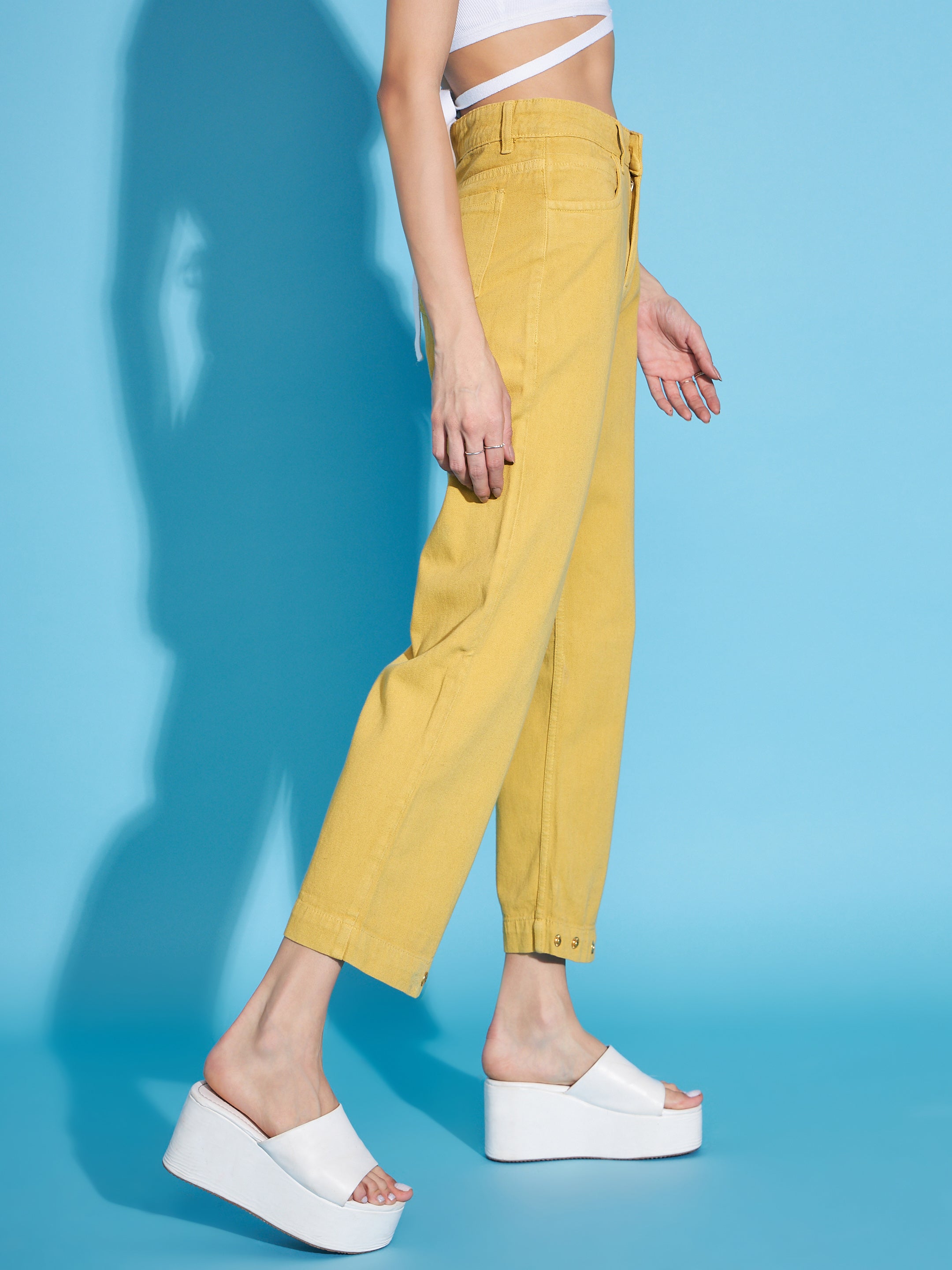 Mustard Button-Hem Slouchy Jeans