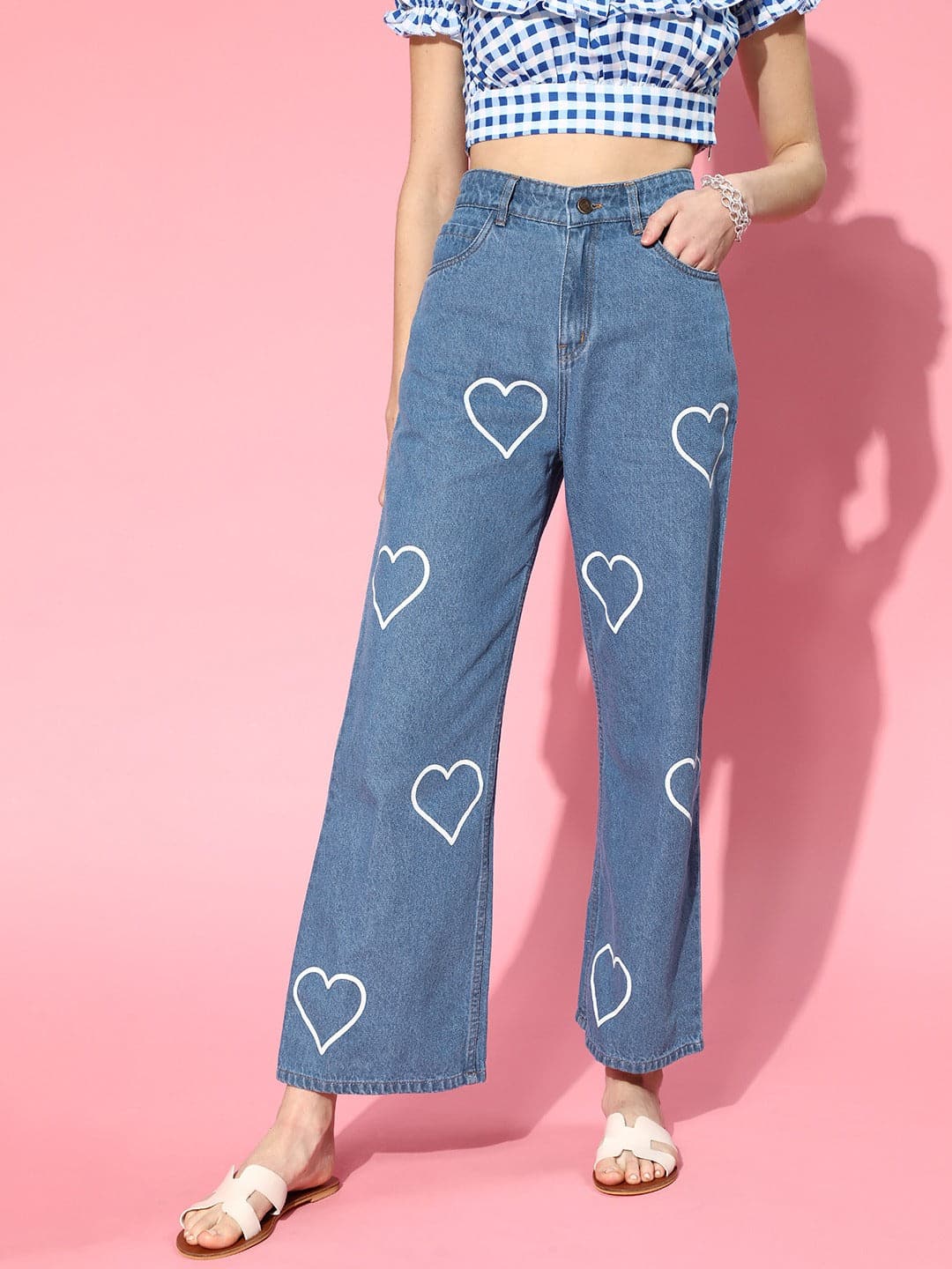 Women Blue Heart Printed Wide Leg Jeans