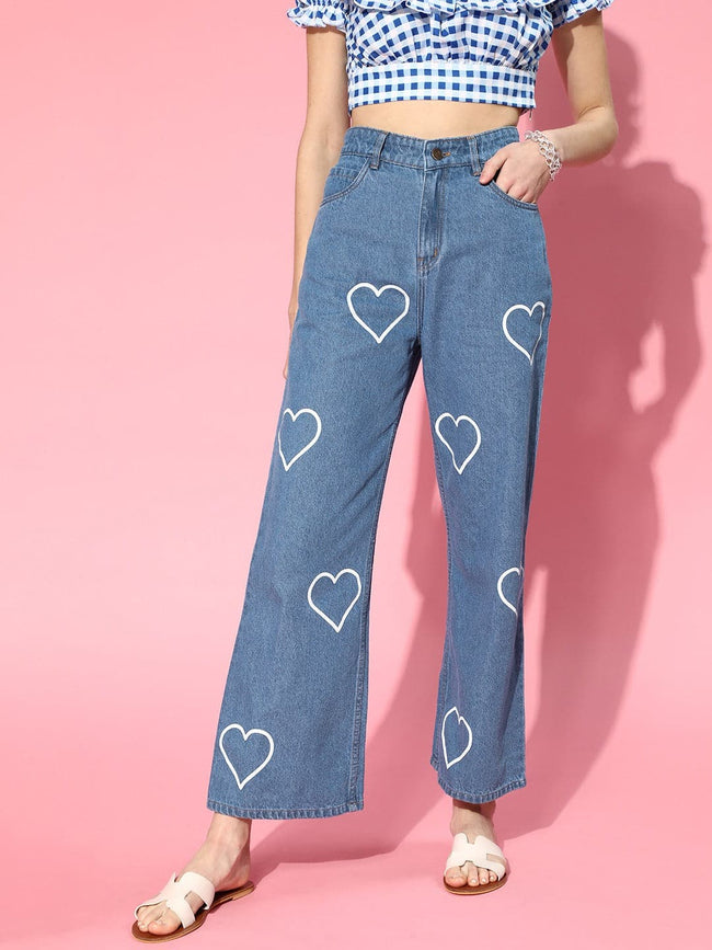 Women Blue Heart Printed Wide Leg Jeans