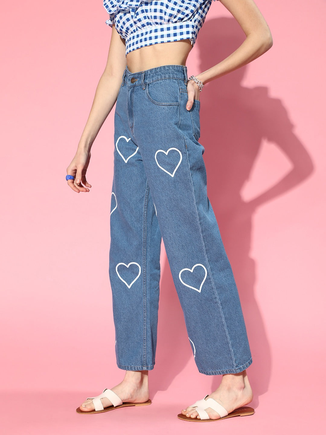 Women Blue Heart Printed Wide Leg Jeans