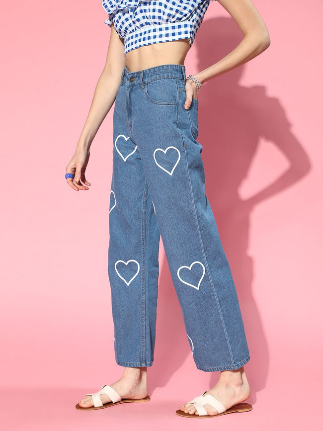 Women Blue Heart Printed Wide Leg Jeans