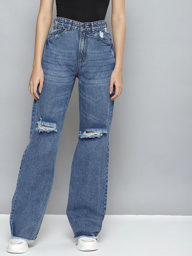 Women Blue Wide Leg Distressed Slit Jeans