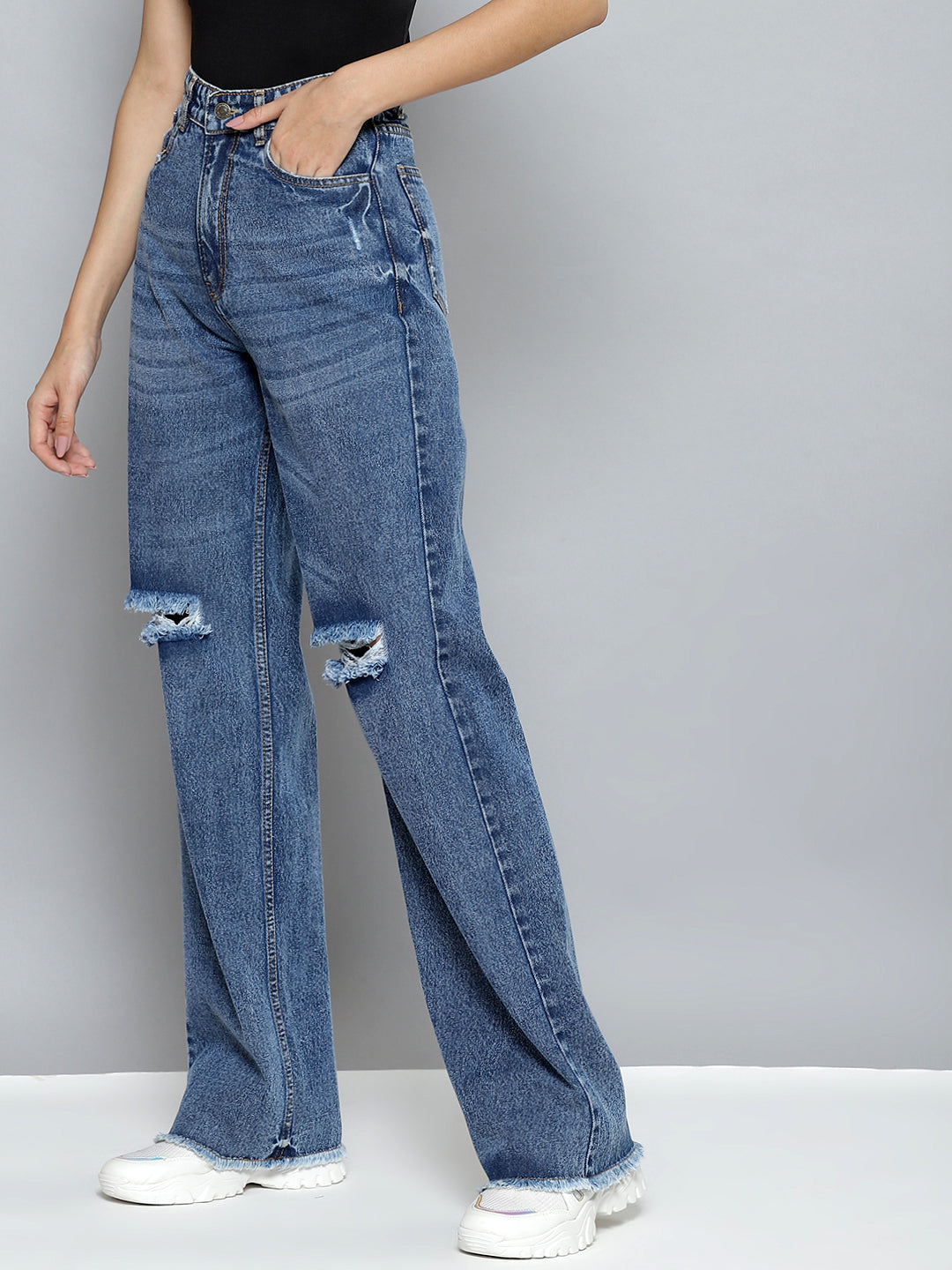 Women Blue Wide Leg Distressed Slit Jeans