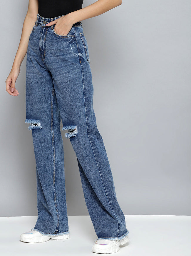 Women Blue Wide Leg Distressed Slit Jeans
