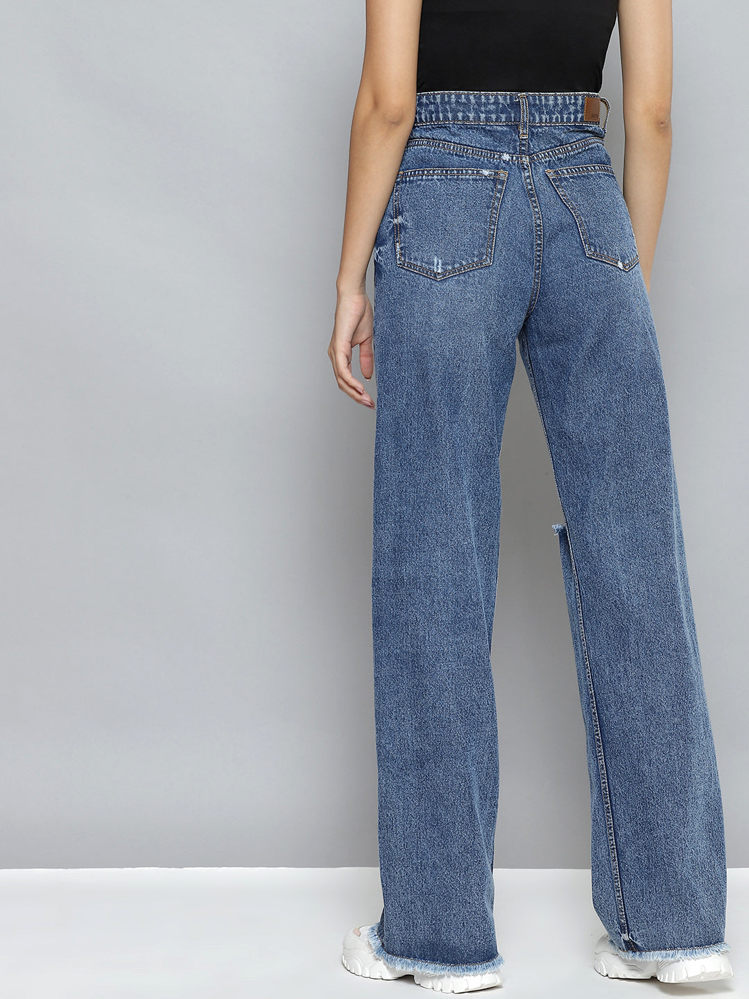 Women Blue Wide Leg Distressed Slit Jeans