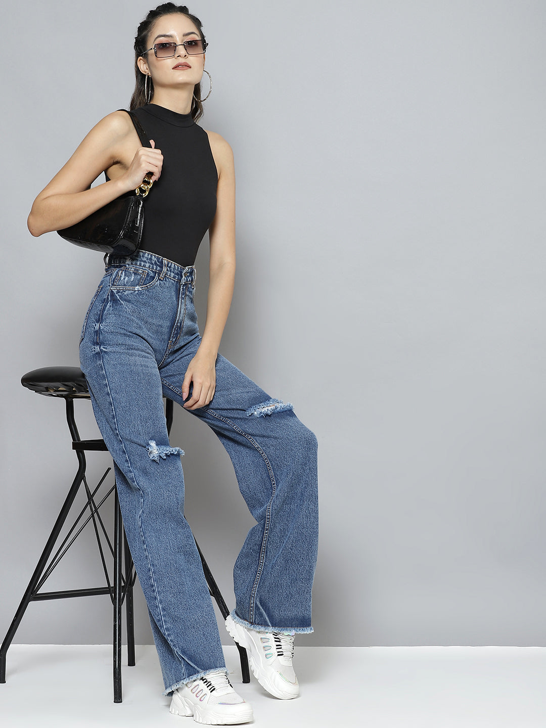 Women Blue Wide Leg Distressed Slit Jeans