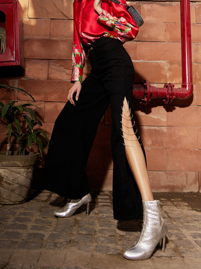 Women Black Diamante Side Slit Straight Jeans