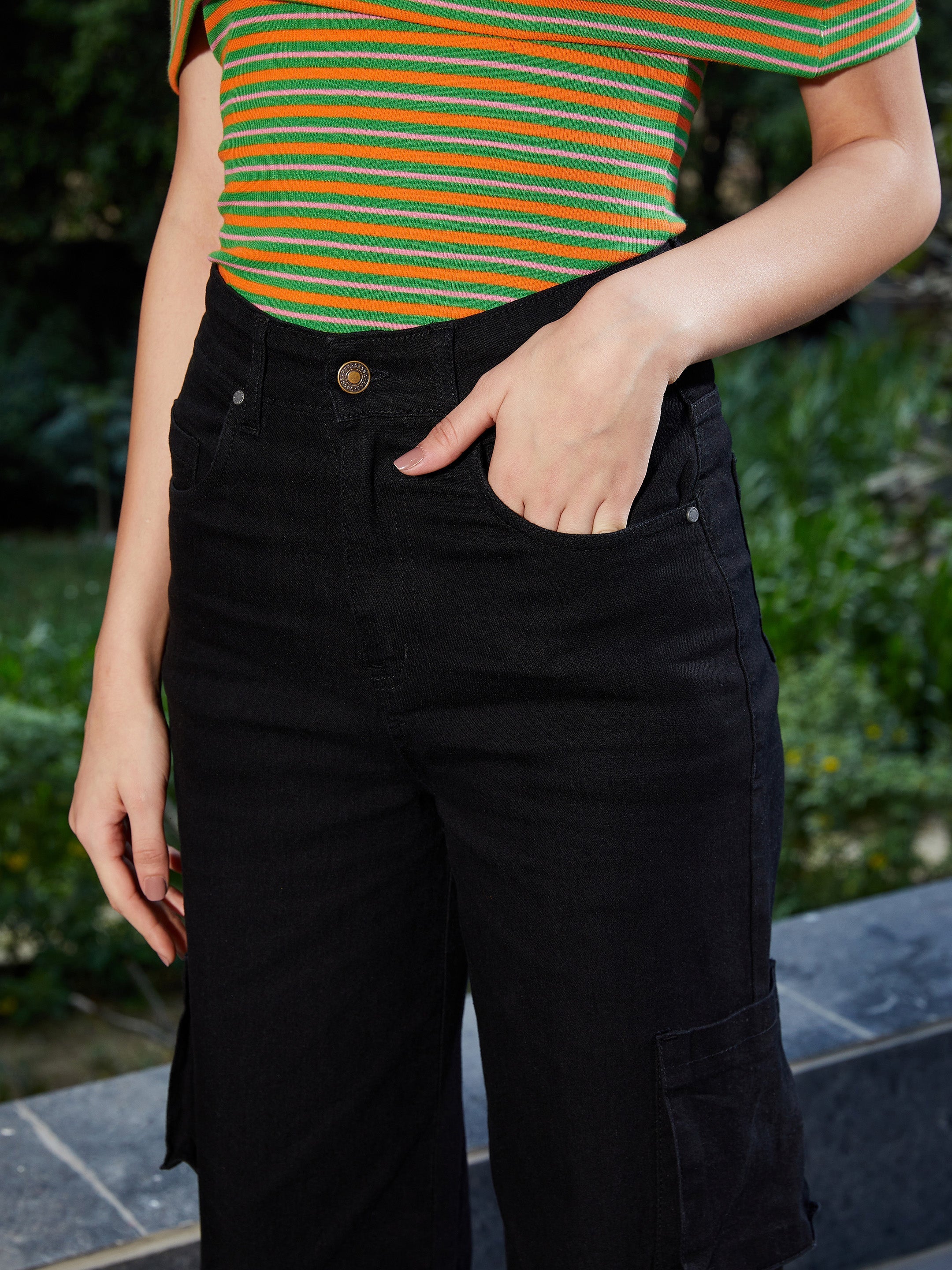 Women Black Box Pocket Straight  Jeans