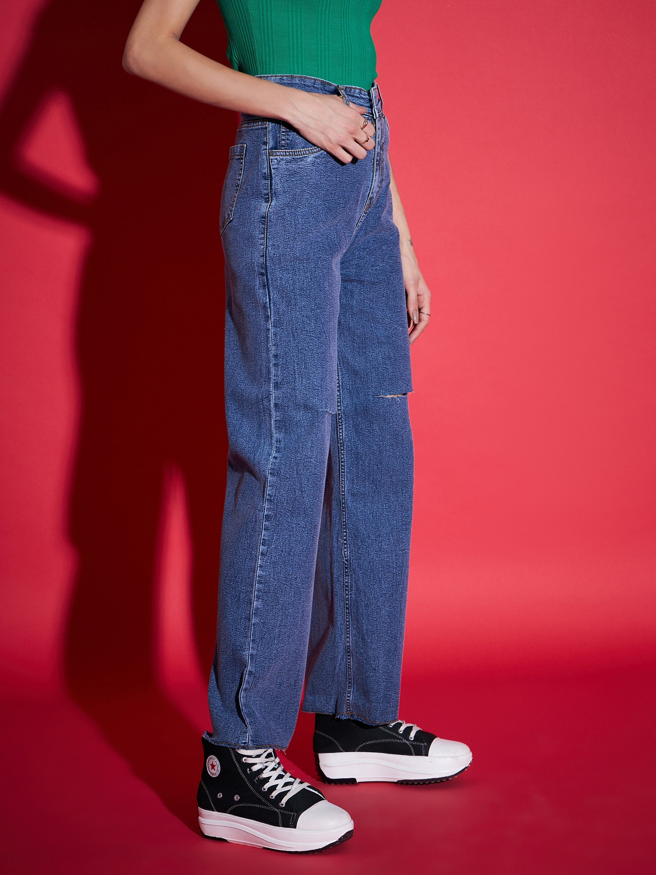 Women Navy Denim  Knee Slit Straight Jeans