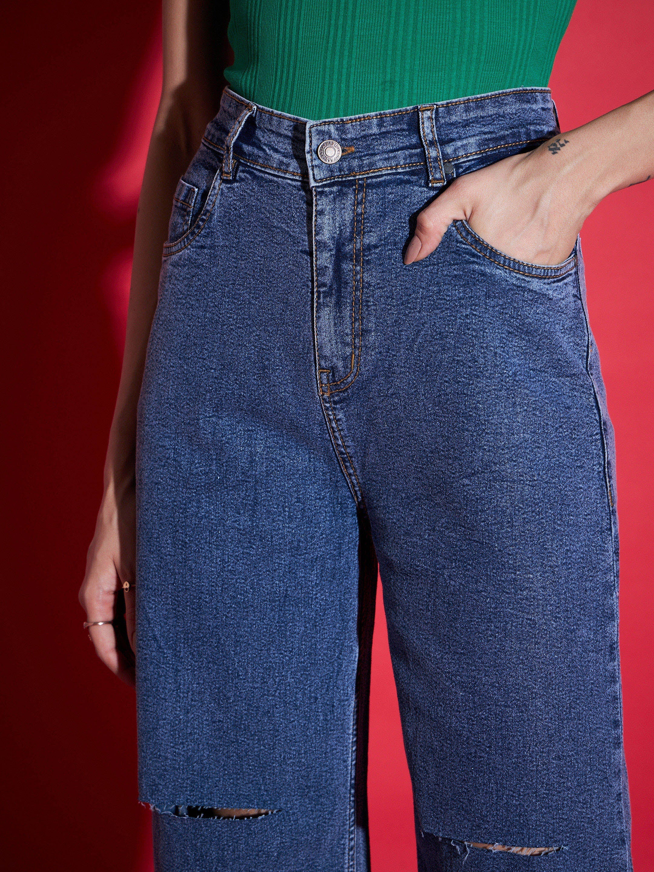 Women Navy Denim  Knee Slit Straight Jeans