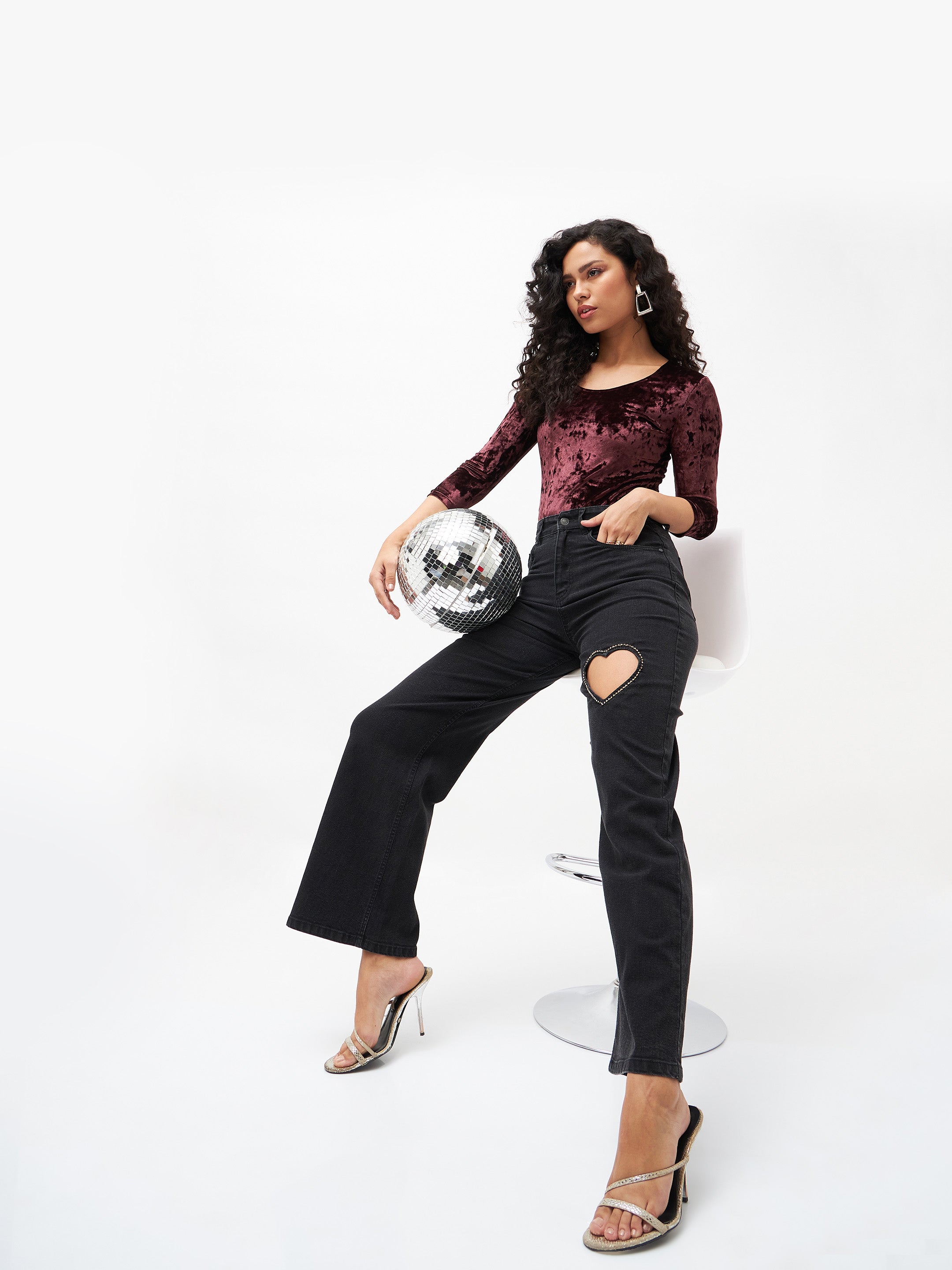 Women Black Crystal Heart Straight Fit Jeans