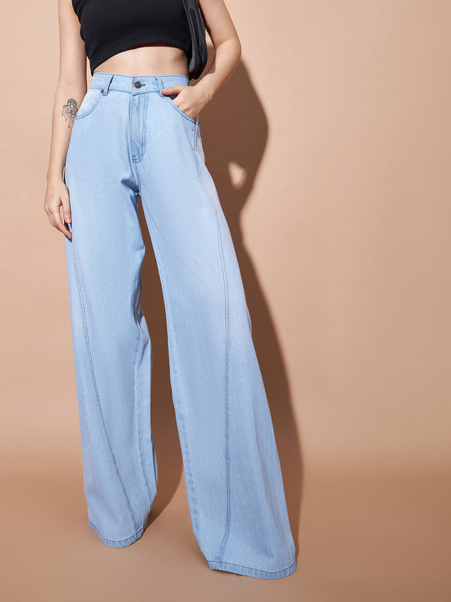 Women Blue Seam Detail Wide Leg Jeans