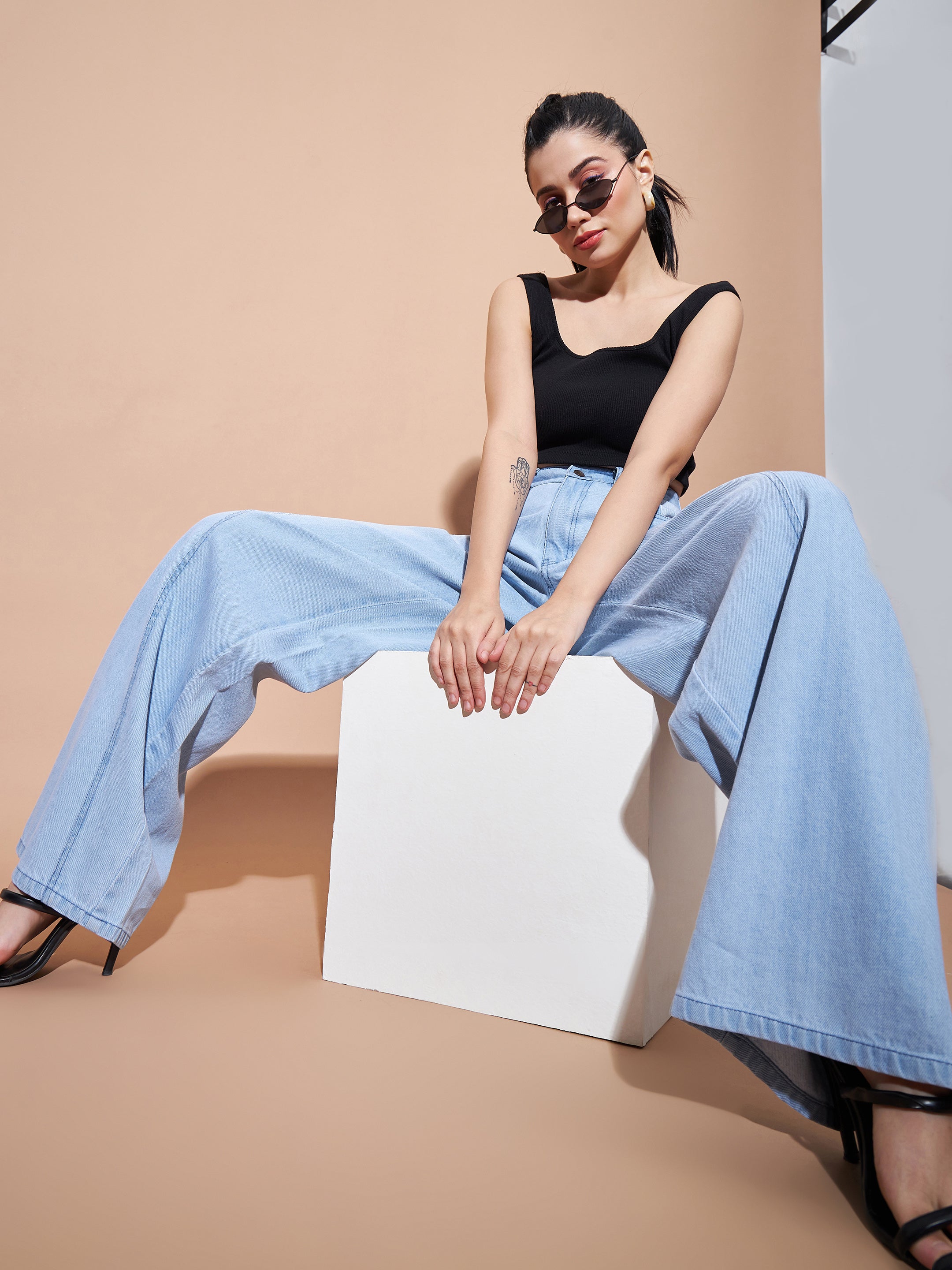 Women Blue Seam Detail Wide Leg Jeans