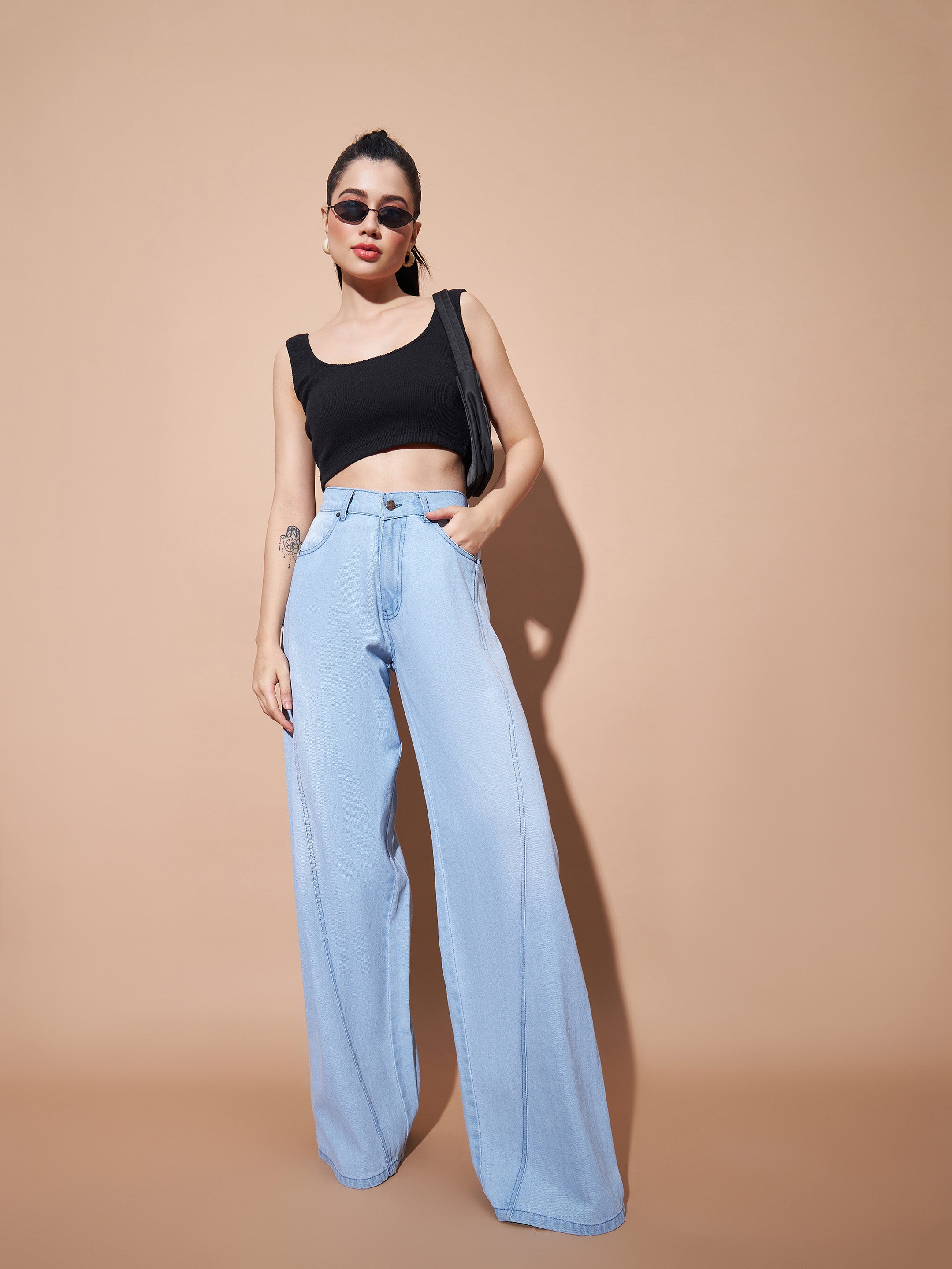 Women Blue Seam Detail Wide Leg Jeans