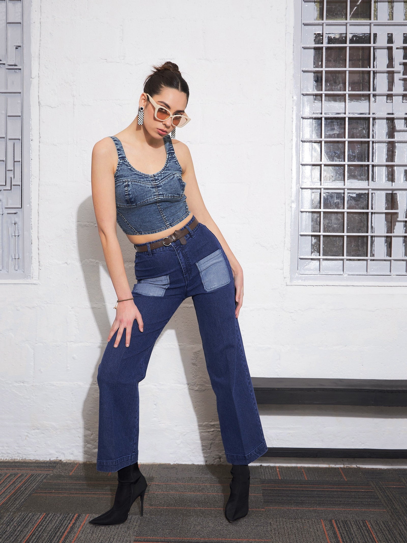 Blue Washed Contrast Patch Pocket Straight Jeans-SASSAFRAS