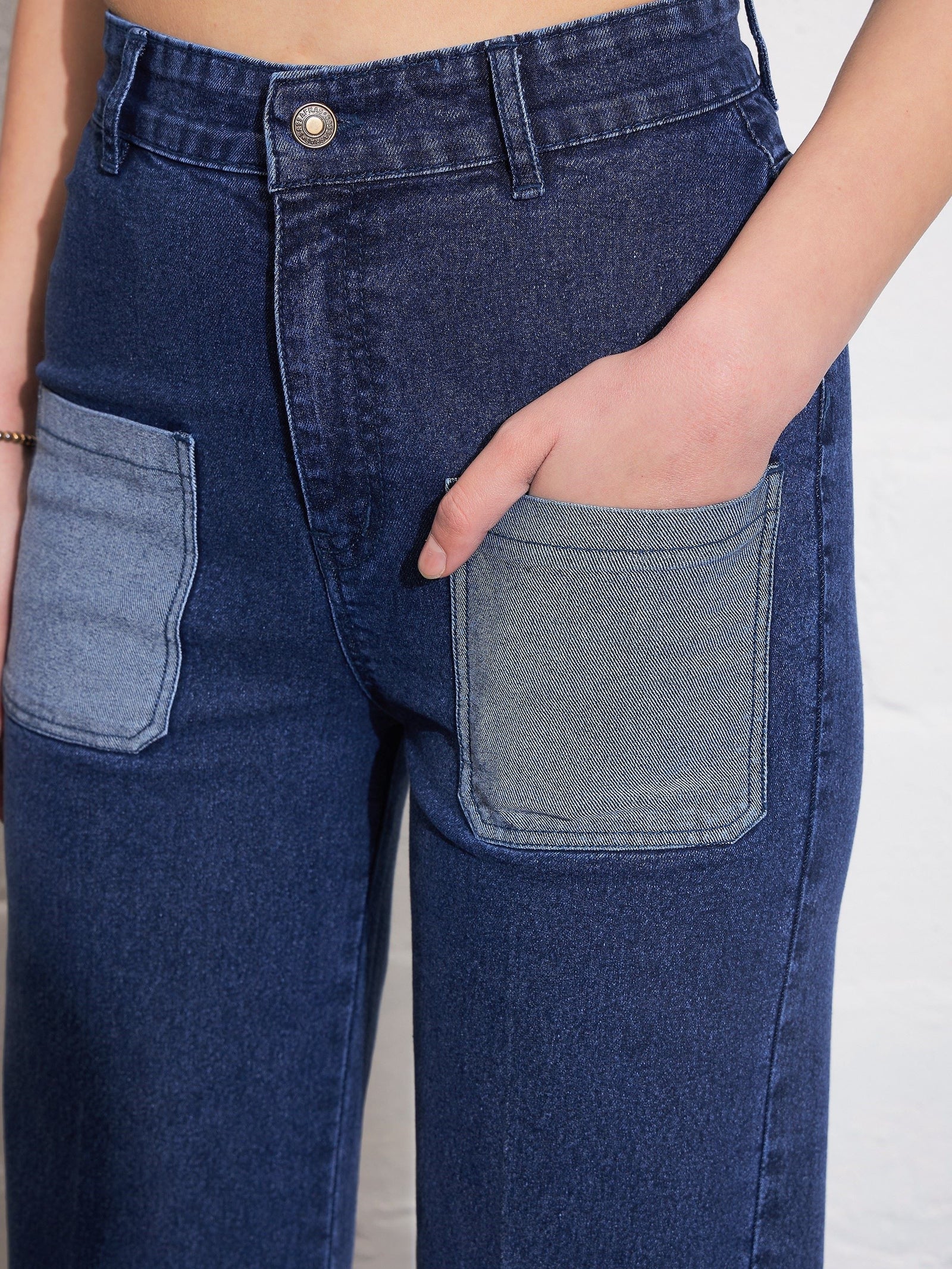 Blue Washed Contrast Patch Pocket Straight Jeans-SASSAFRAS