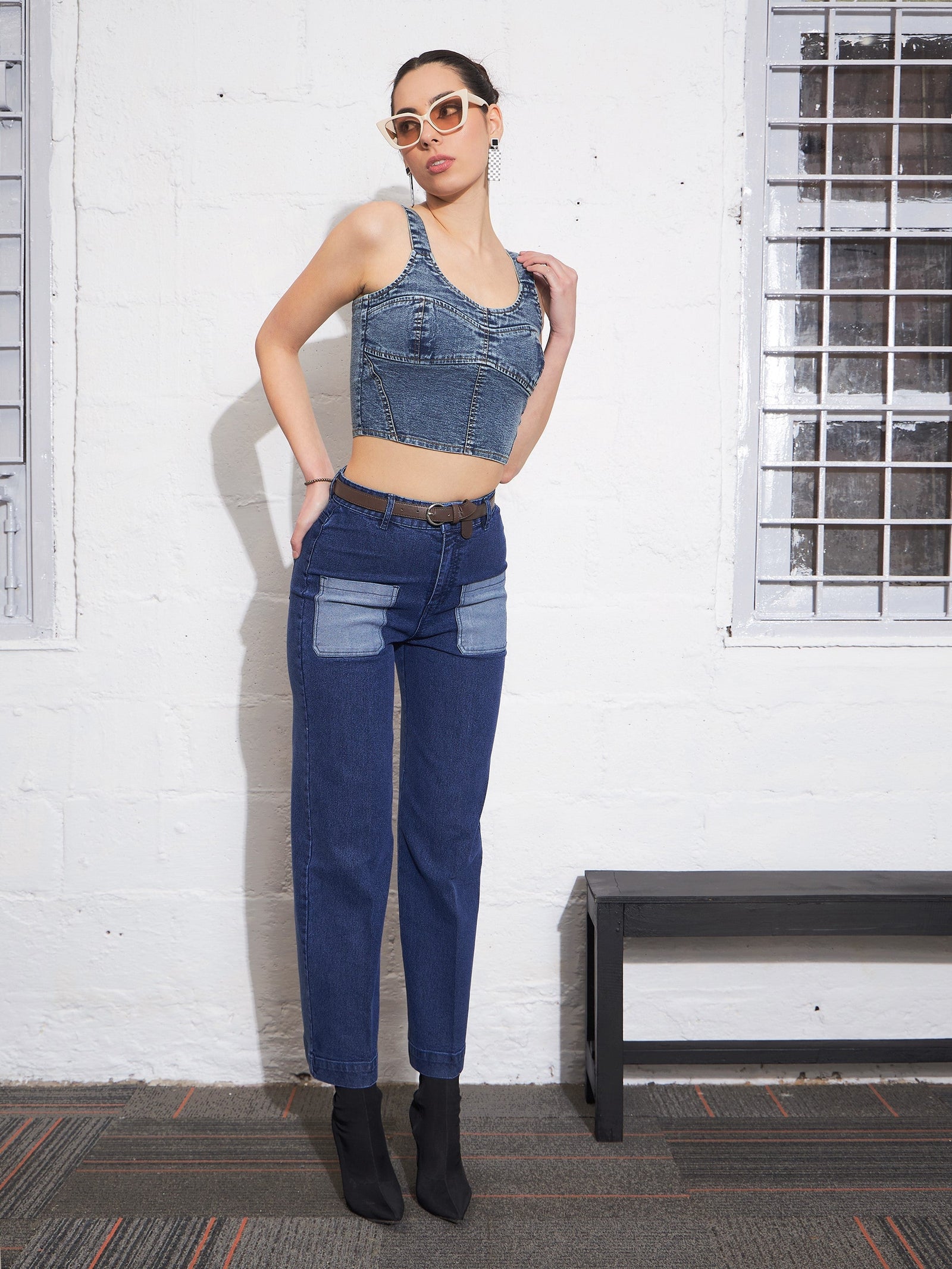 Blue Washed Contrast Patch Pocket Straight Jeans-SASSAFRAS