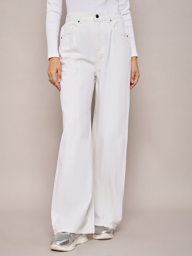 Women White High Waist Front Dart Straight Jeans