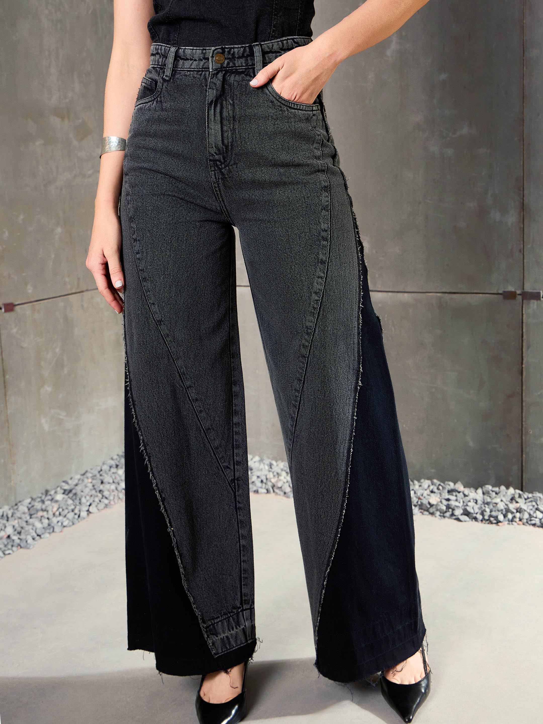 Women Black Washed ColorBlock Wide Leg Jeans