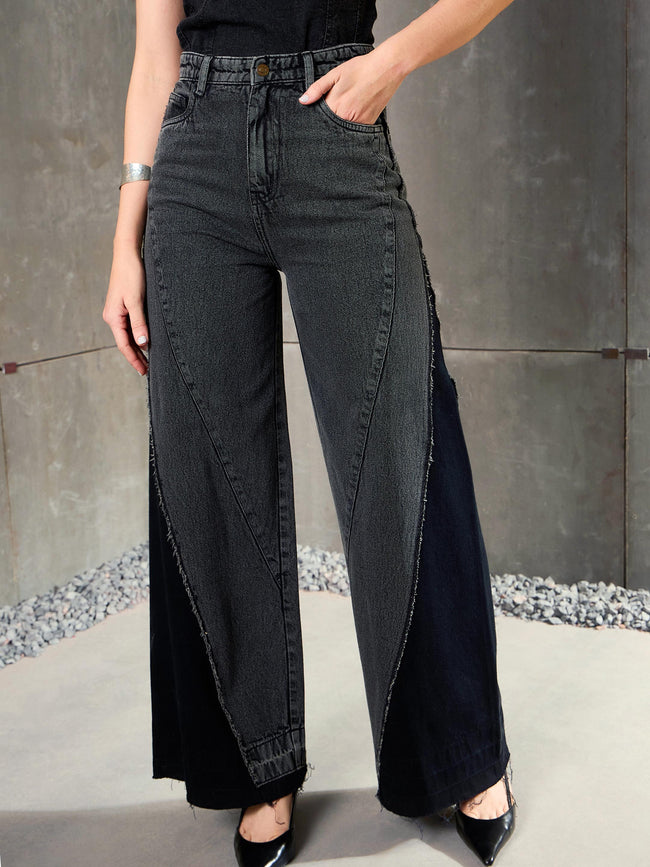 Women Black Washed ColorBlock Wide Leg Jeans