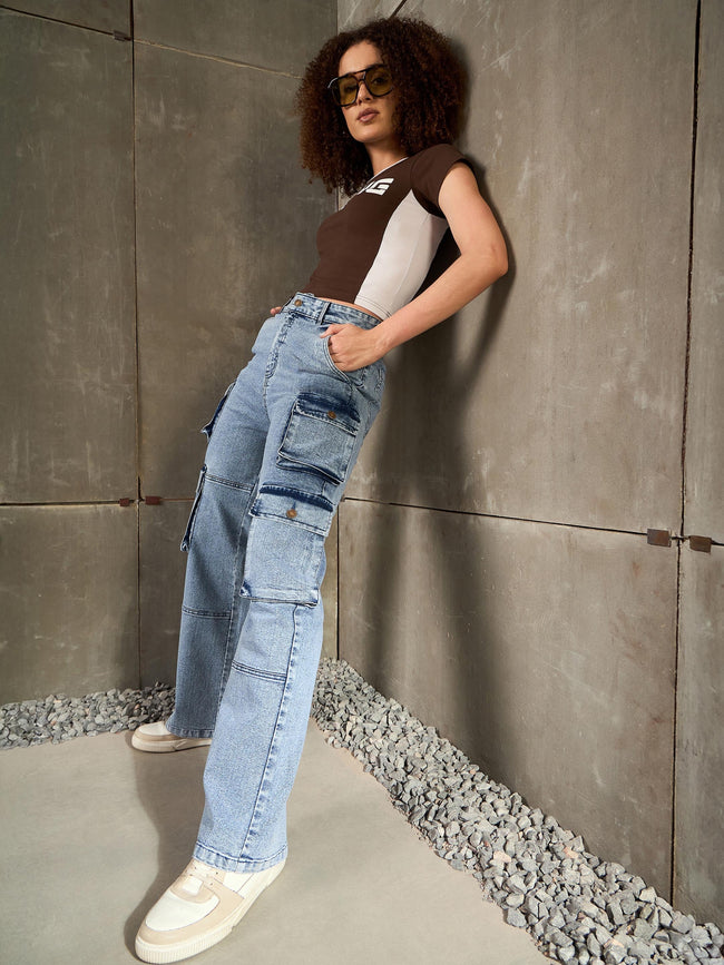 Women Blue Cargo Pockets Jeans