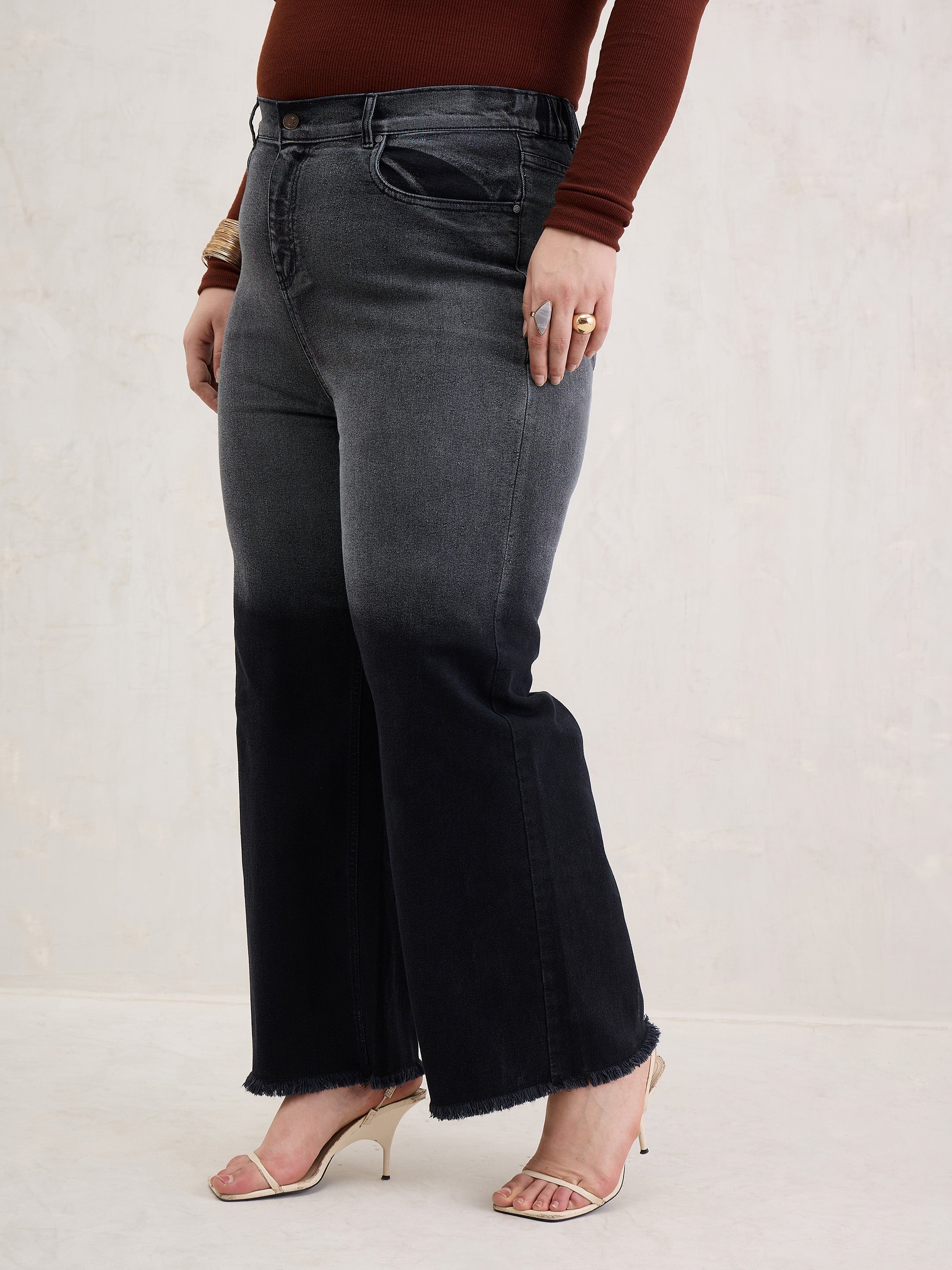 Women Black Ombre Straight Jeans