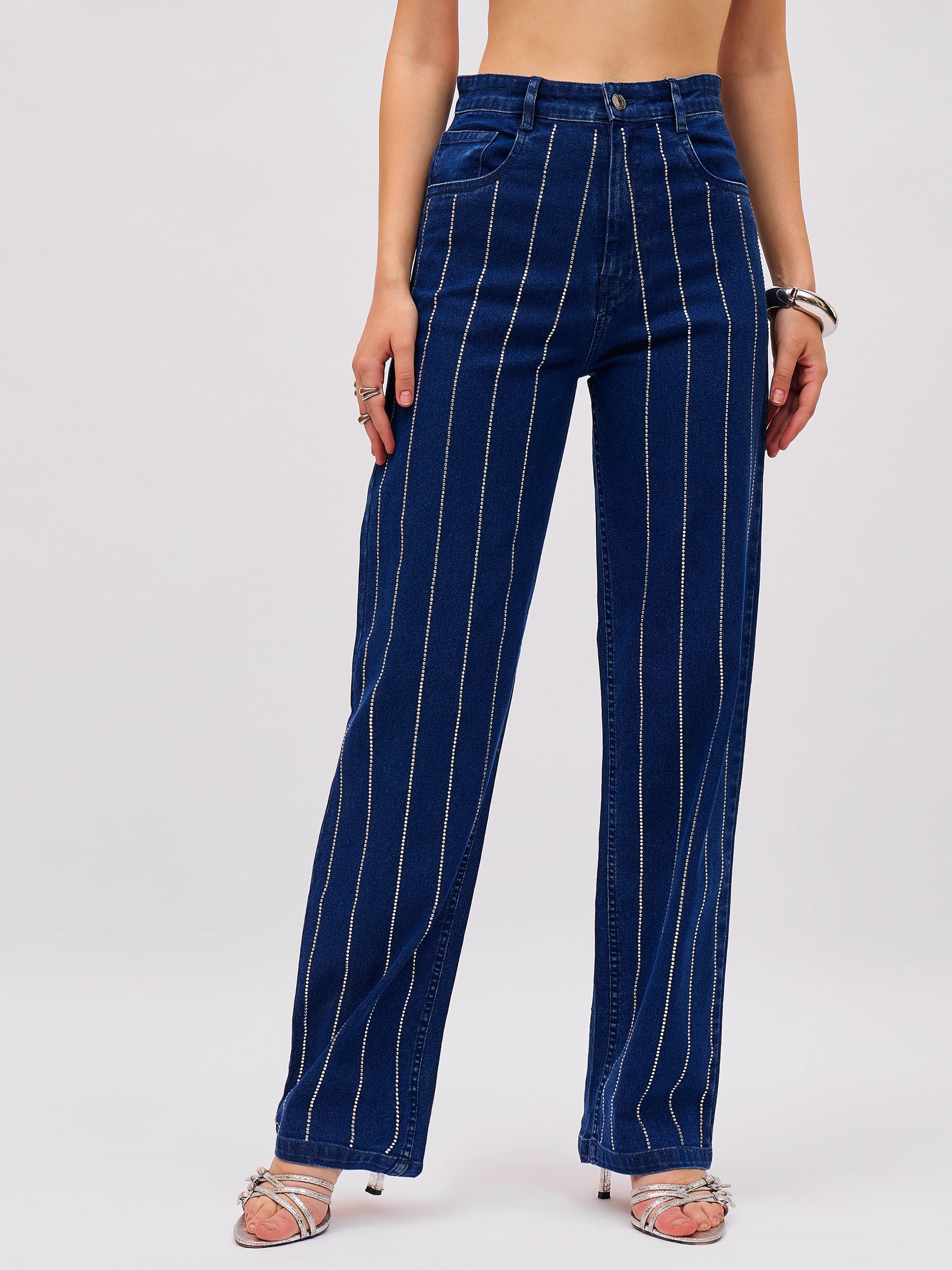 Women Navy Blue Denim Front Stud Straight Fit Jeans