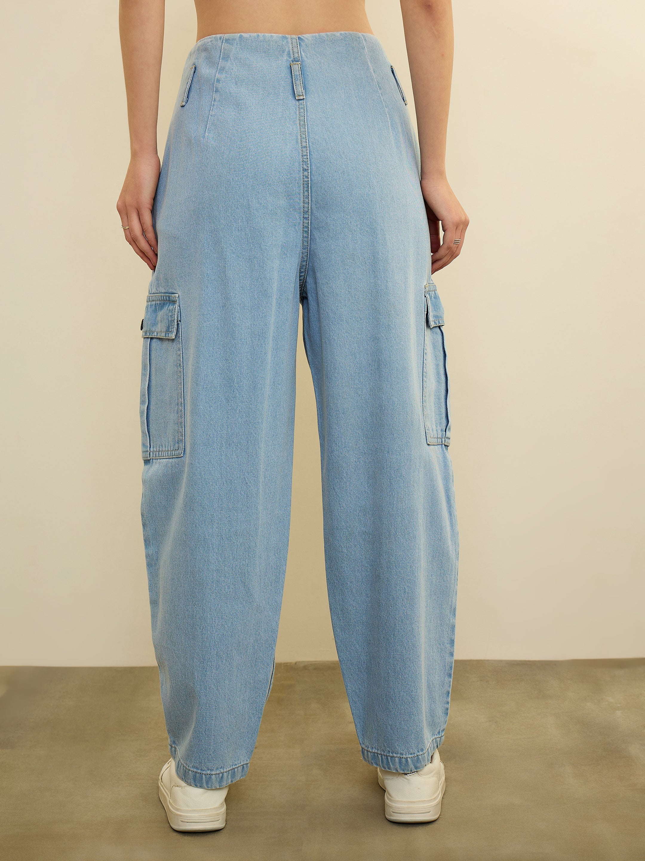 Women Ice Blue Wash High Rise Cargo Jeans