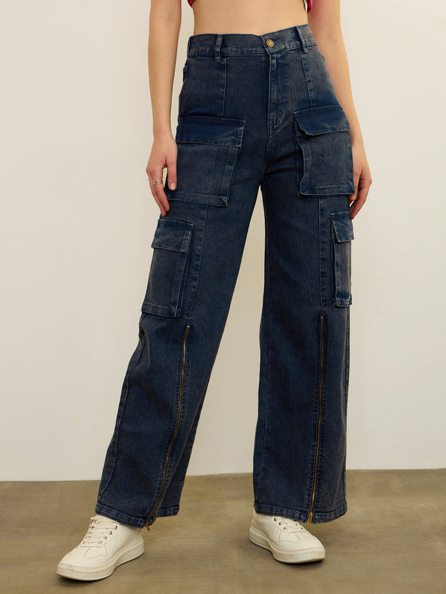 Women Navy Blue Zipper Detail Cargo Straight Jeans