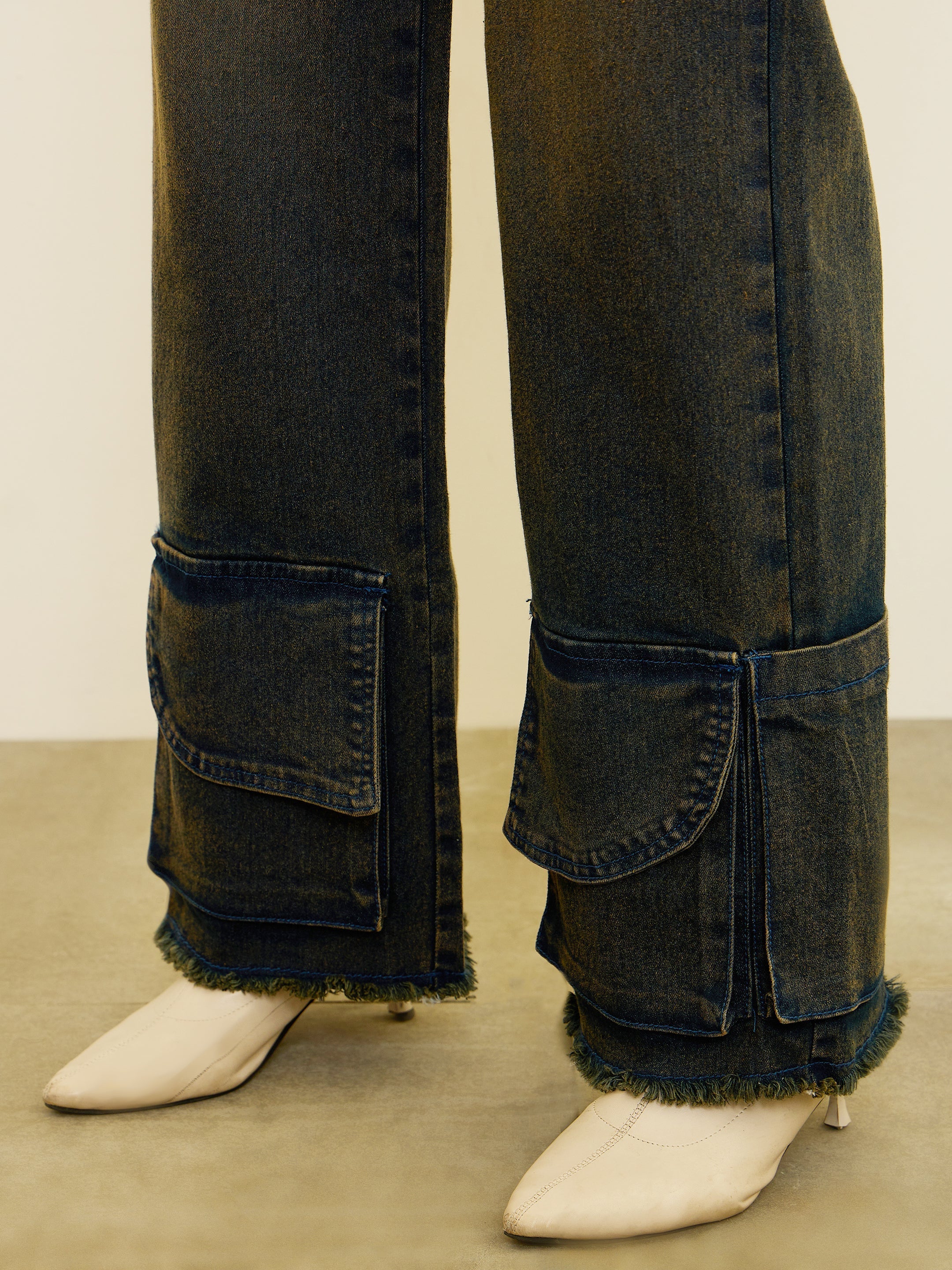 Women Blue Acid Wash Hem Pockets Straight Jeans