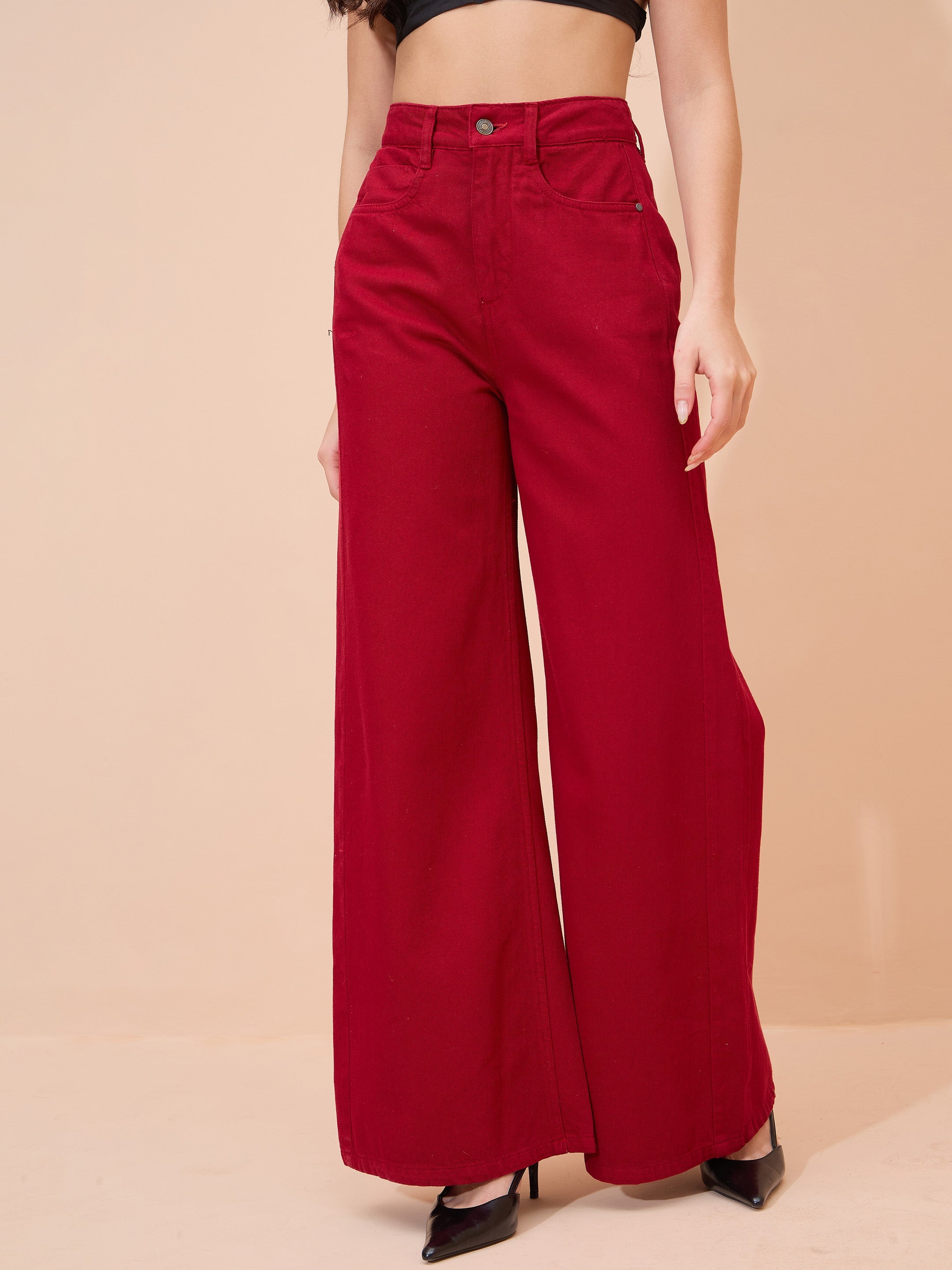 Women Red Straight Fit Flared Jeans