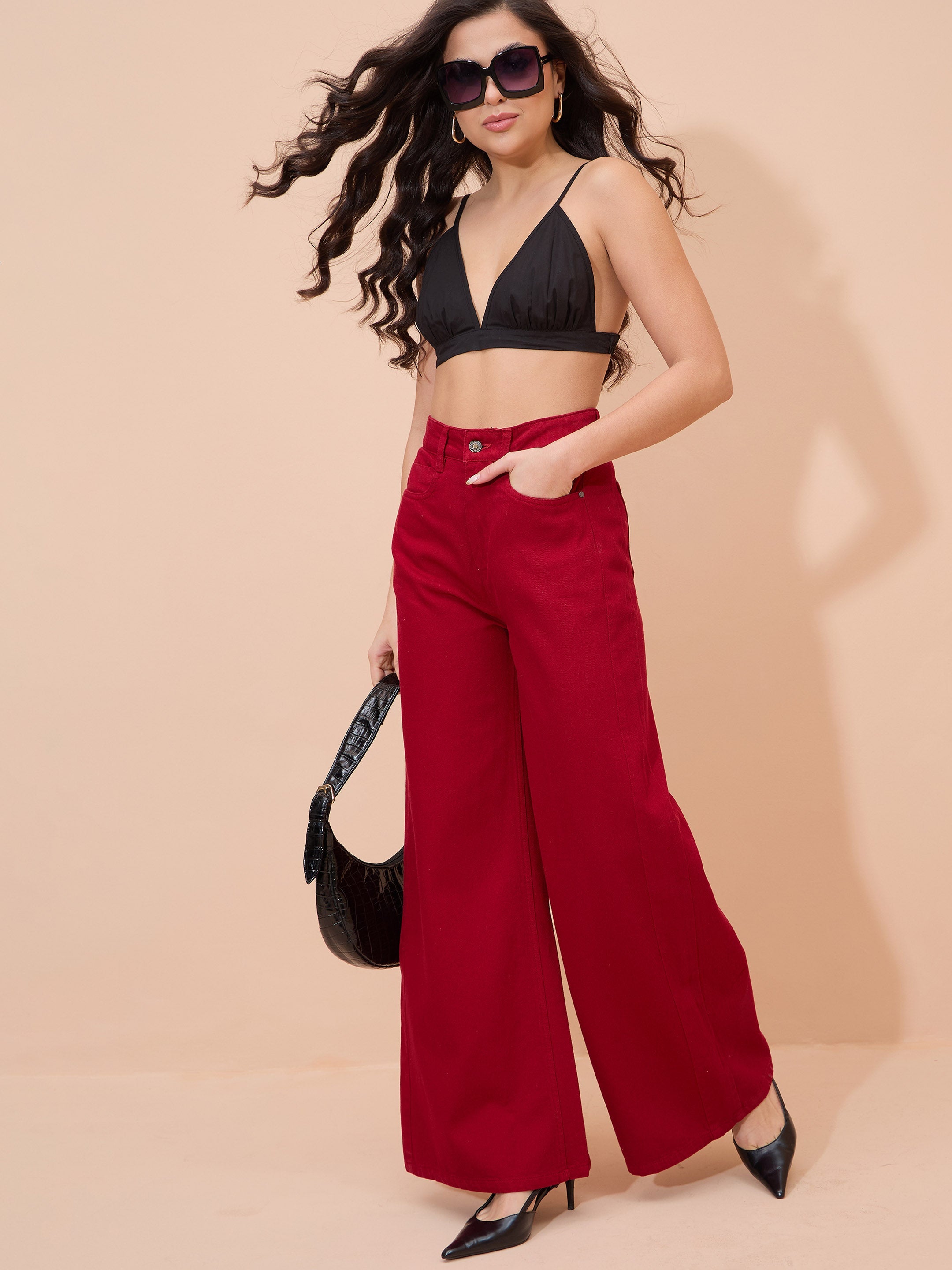 Women Red Straight Fit Flared Jeans