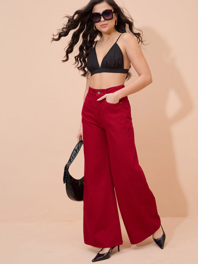 Women Red Straight Fit Flared Jeans