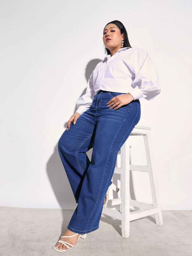 Women Navy Denim Side Seam Basic Straight Jeans