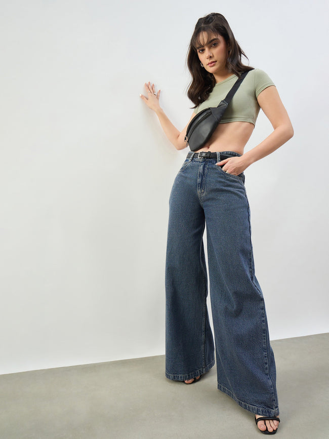 Women Blue Wash Low Waist Wide Leg Jeans