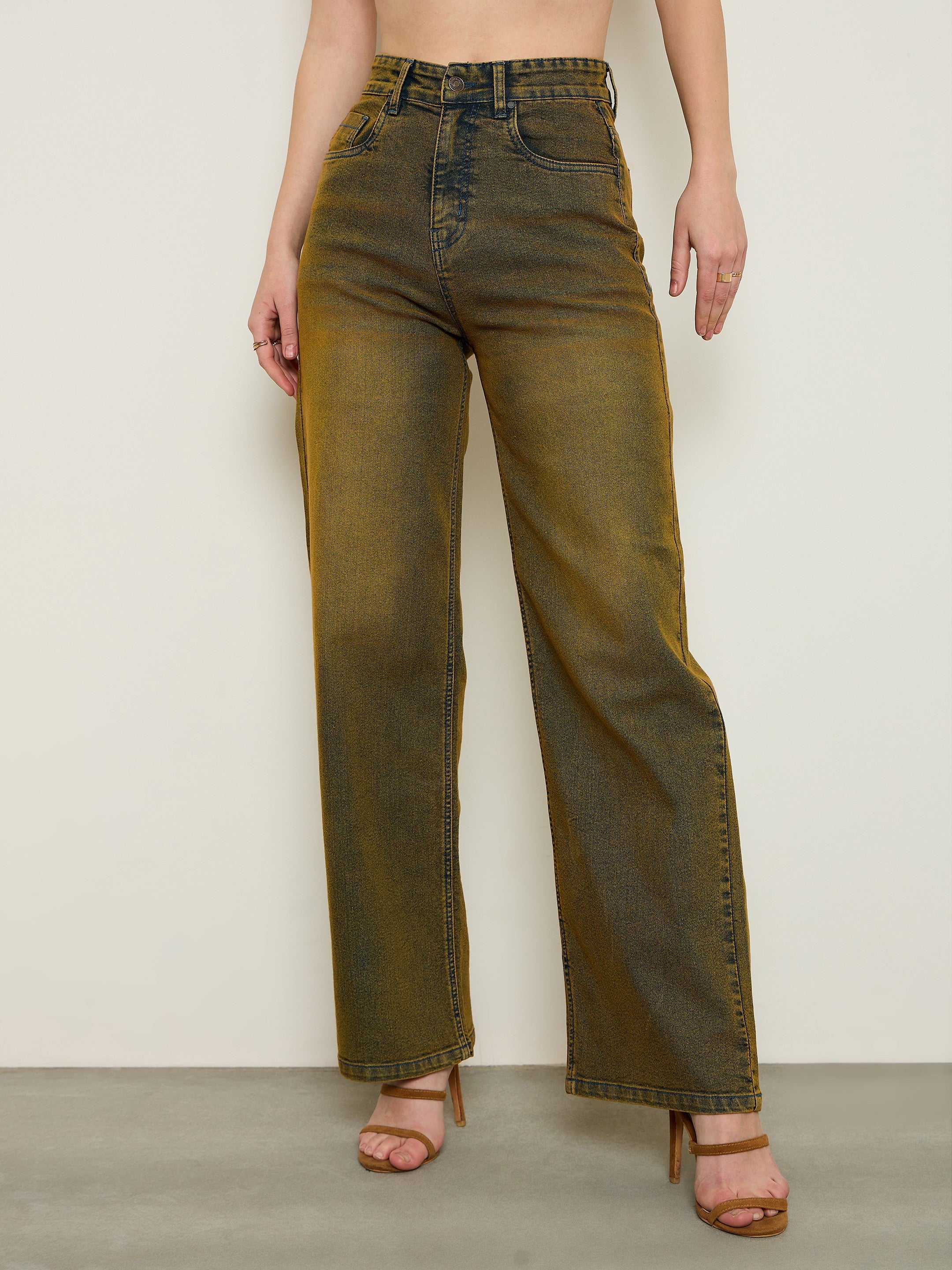 Women Rust Overdyed Wash High Waist Straight Jeans