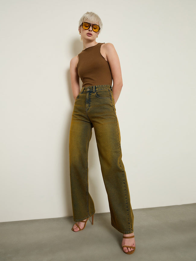Women Rust Overdyed Wash High Waist Straight Jeans