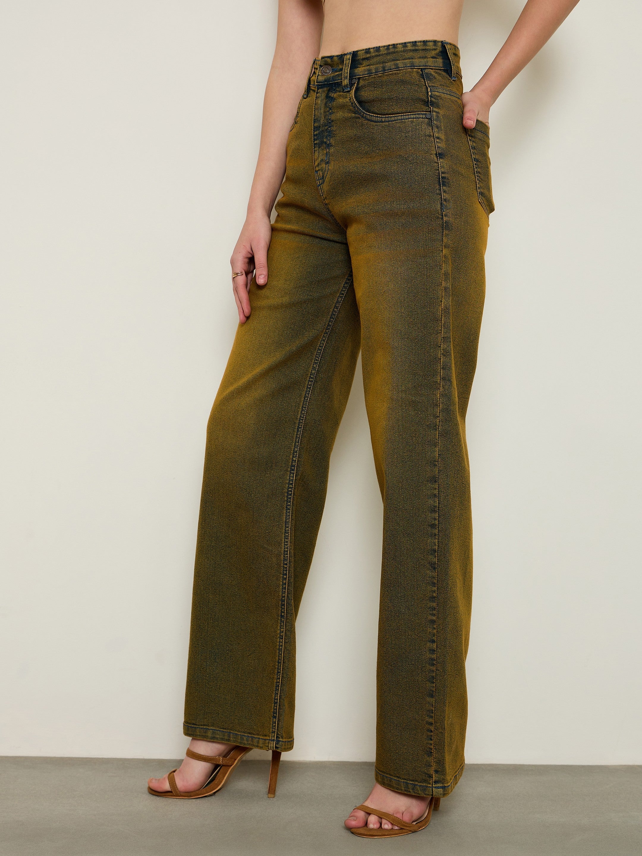 Women Rust Overdyed Wash High Waist Straight Jeans