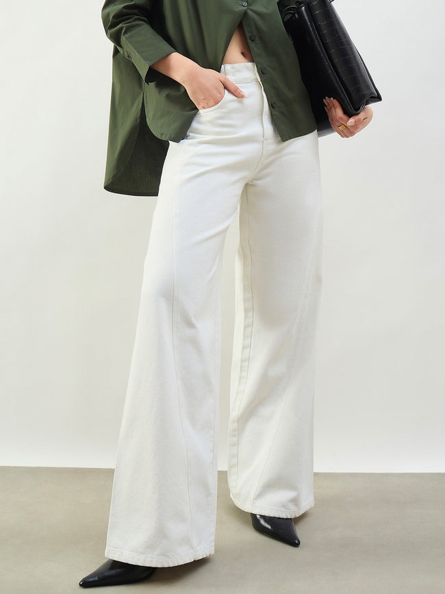 Women White Seam Detail Wide Leg Jeans