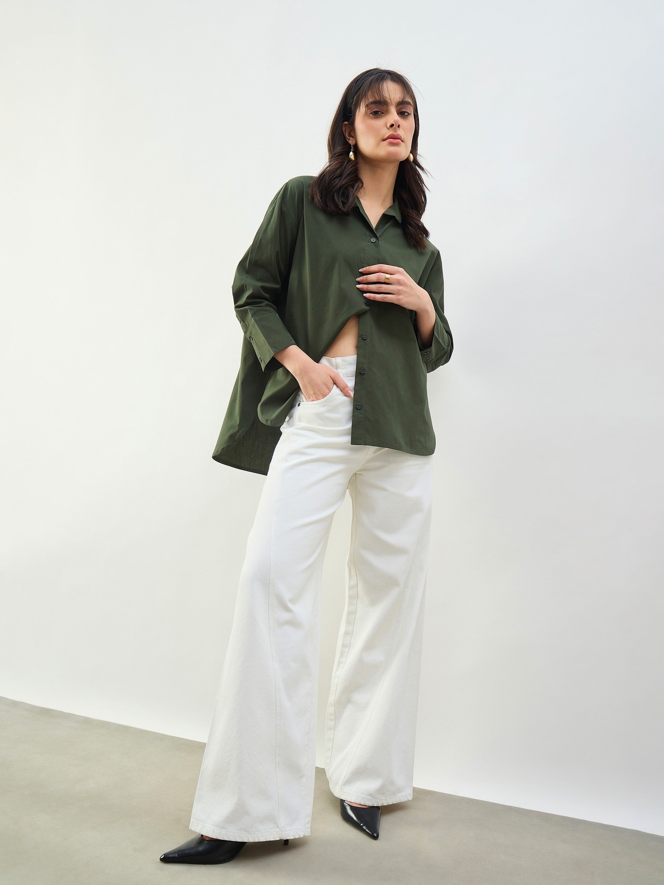 Women White Seam Detail Wide Leg Jeans