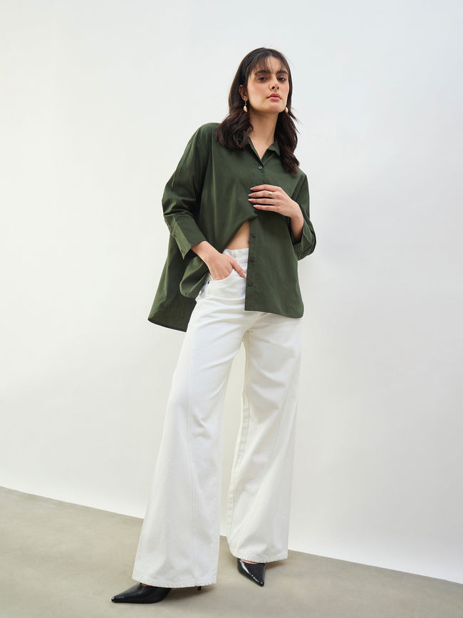 Women White Seam Detail Wide Leg Jeans