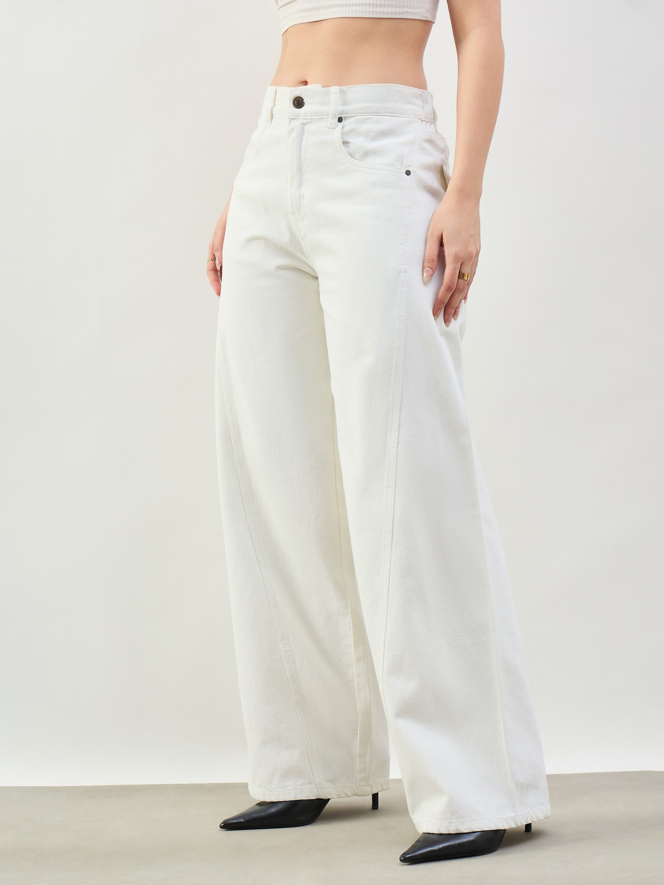 Women White Seam Detail Wide Leg Jeans
