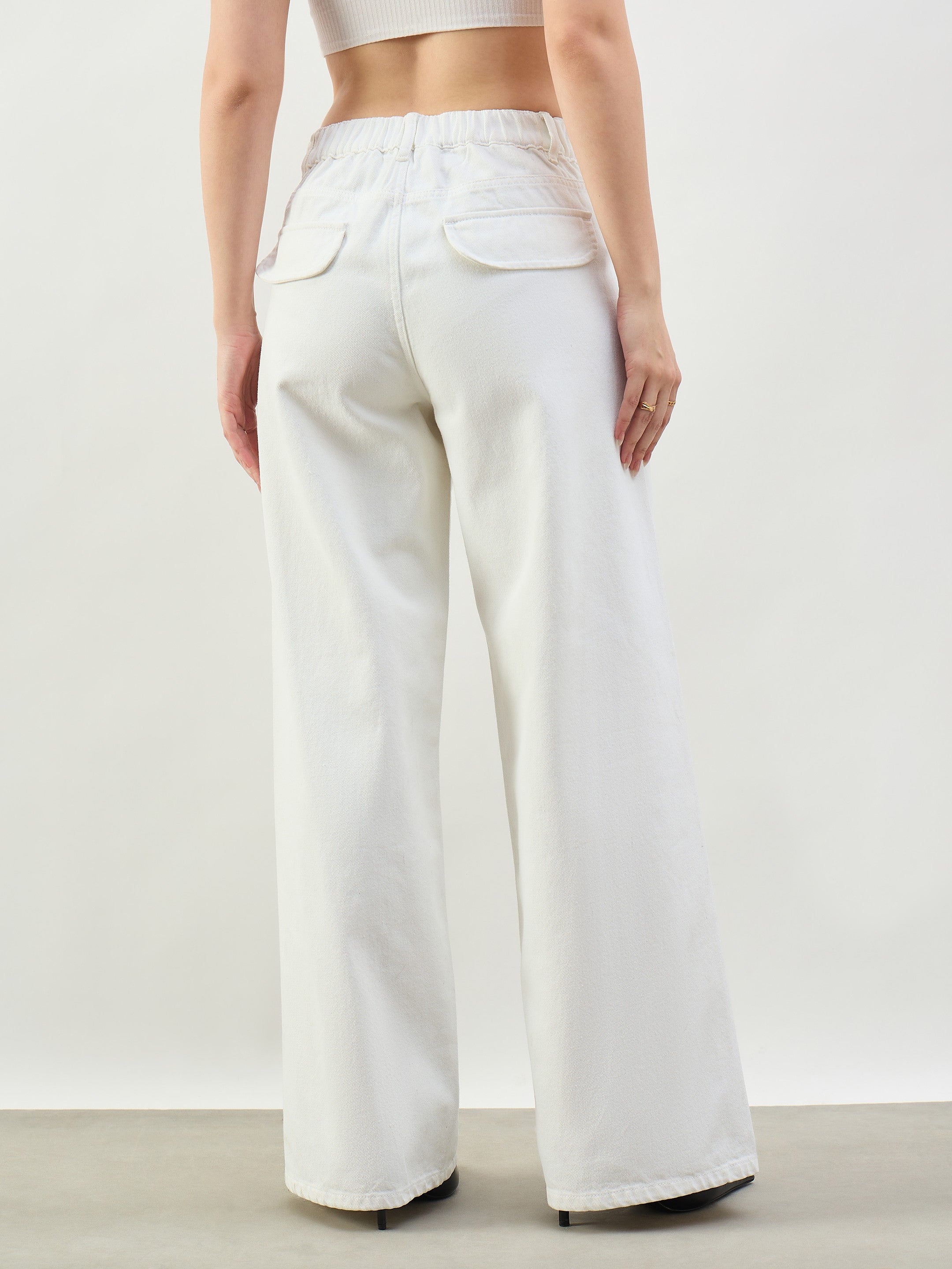 Women White Seam Detail Wide Leg Jeans