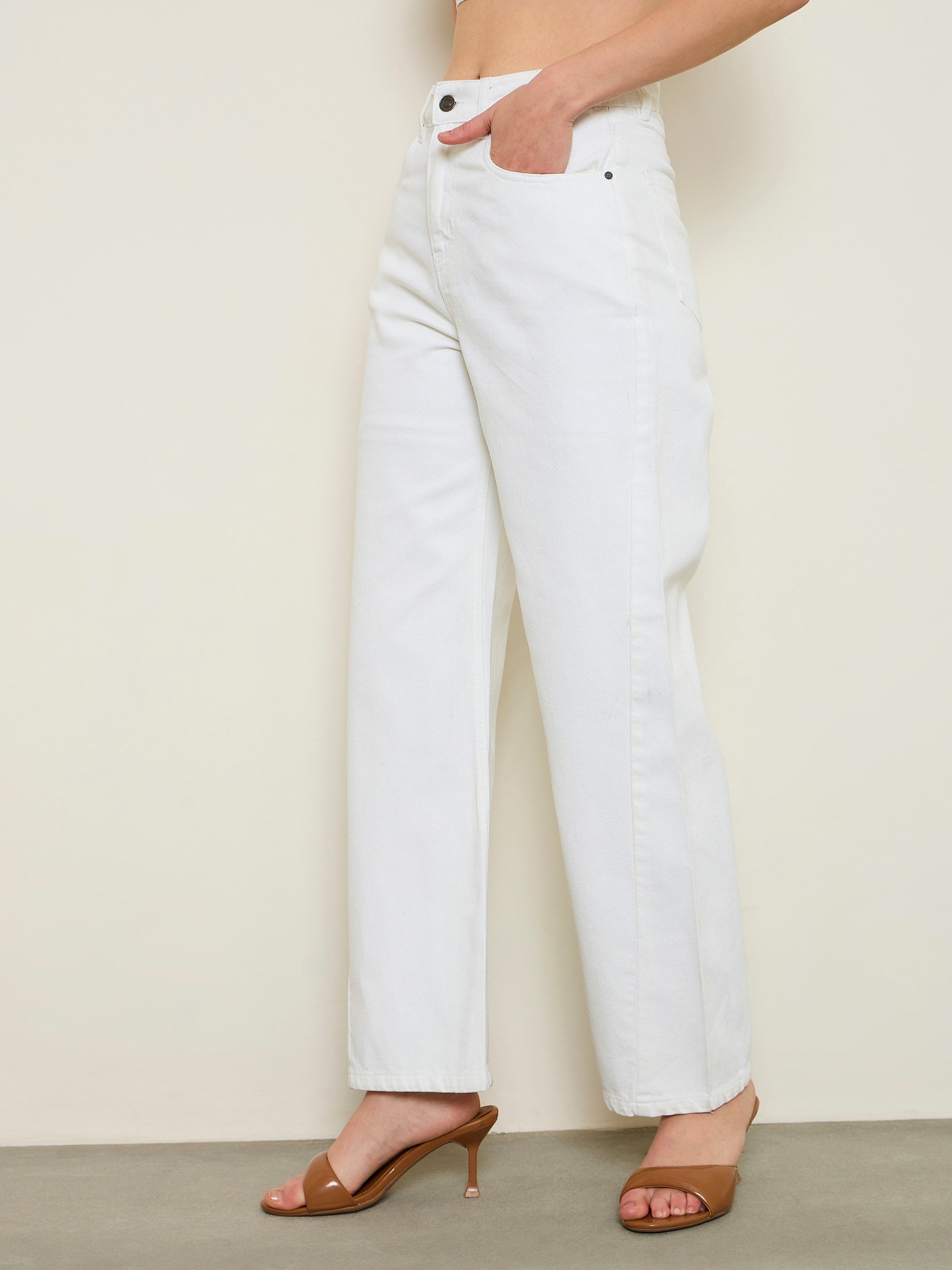 Women White High Waist Straight Jeans
