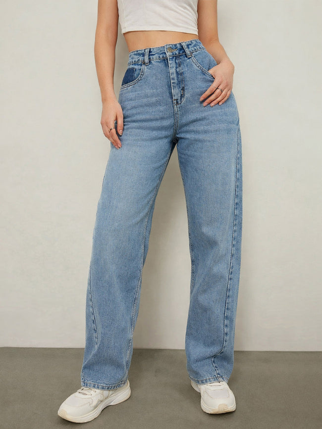 Women Blue Wash High Waist Straight Jeans