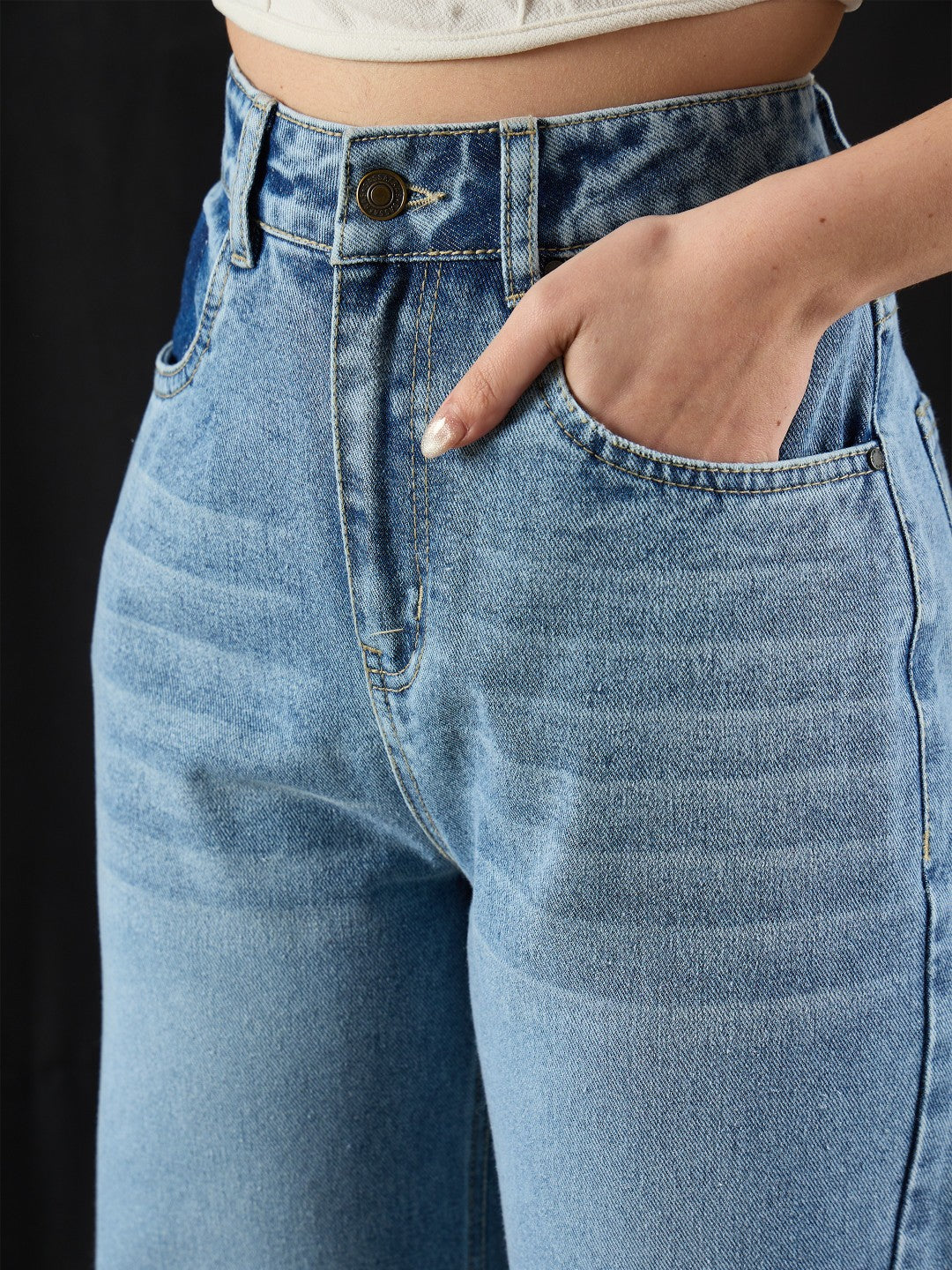 Women Blue Wash High Waist Straight Jeans
